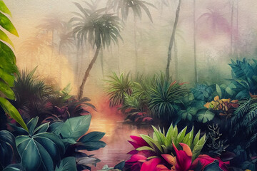 Picturesque jungle landscape with tropical plants and river, painted with watercolor. Backdrop. 3D illustration - 541011960