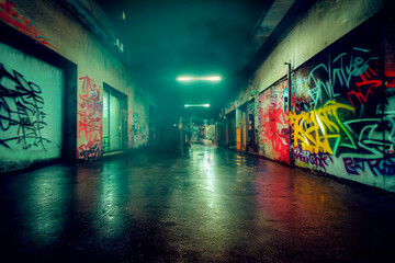 Dark, futuristic cyberpunk city street with graffiti at night. Urban night city. Dystopia. Street art. Abstract airspray. Vandalism. Backdrop. Generative AI - 541012138