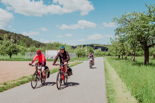 Cyclists riding in a cycle line in Germany