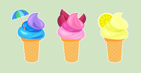 Ice cream in waffle cups set. Vector illustrations of sundae serving with fruit slices. Cartoon soft ice cream twirls of different colors isolated on green. Summer dessert for children concept