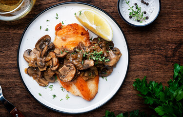 Fried chicken breast fillet with champignon mushrooms and onion in white wine sauce with thyme on plate, rustic wooden table background, top view