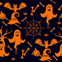 Happy Halloween seamless pattern. Vector color illustration. Ghosts and cobwebs with spiders, broom.
