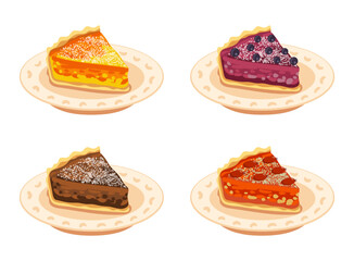 Pie pieces on plate set. Vector illustrations of baked cakes slices. Cartoon shortbread dough with fruit, chocolate and berry cream filling isolated on white. Food, pastry, bakery menu concept