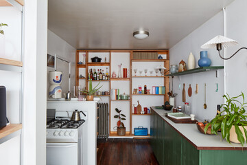 Loft Kitchen interior with counter space and shelving, props