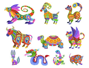 Obraz premium Colorful Mexican alebrijes vector illustrations set. Collection of fantastic animals as traditional Mexican decorative elements isolated on white background. Mexico, decoration, celebration concept