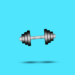Dumbbell on a blue background. Shadow. Copy space. Place for text. Sports equipment, gym, fitness. Sports