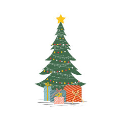 Illustration of an ornate Christmas tree with multi-coloured gift boxes for New Year and Christmas. Vector