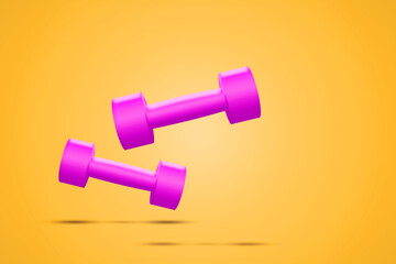 Fototapeta na wymiar Small pink dumbbells, on an orange background. Sports Equipment. Sports, Fitness background. Copy space. Place for text. Sport. Relaxation.