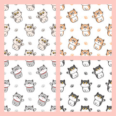 Seamless pattern of cute colorful cat cartoon. Happy meow. Animals character design. Cute background for textile print, wrapping paper, baby clothing. Cute cats pattern set