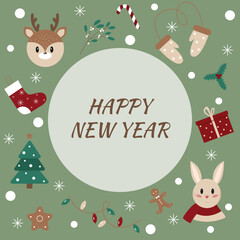 Holiday card with wish of Happy New year. Cute festive elements on green background with snowflakes. Vector illustration.