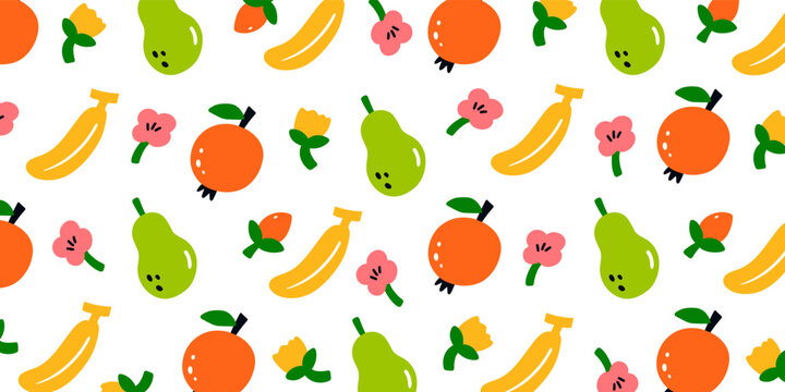 Trendy fruit composition in naive style  for cute background illustration design. Nature wallpaper in pattern hand drawn style