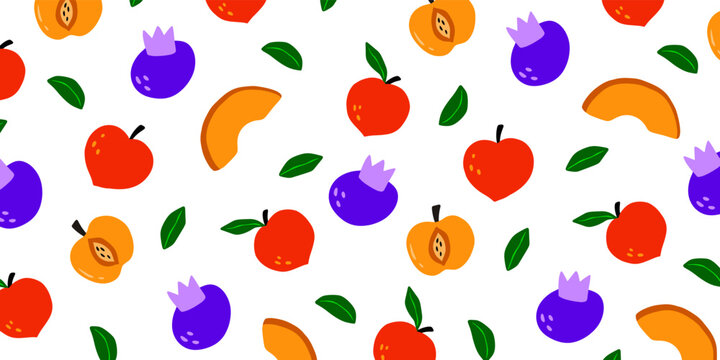 Trendy fruit composition in naive style  for cute background illustration design. Wallpaper in pattern hand drawn style