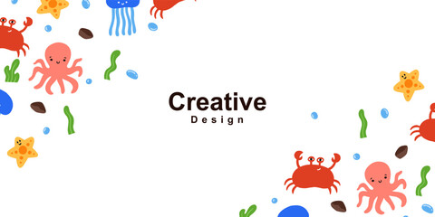 Cute ocean for nature design element copy space frame in childish style. Collection of simple cartoon hand drawn illustration.