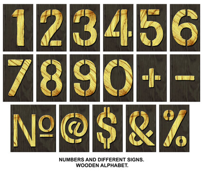 Different numbers and signs. Alphabet made of letters, made of wood, on a dark wooden plank. Isolated on white background. Education. Design