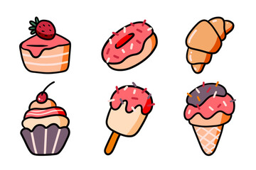 Set of sweet dessert illustration design. Collection of ice cream, doughnut, and cake