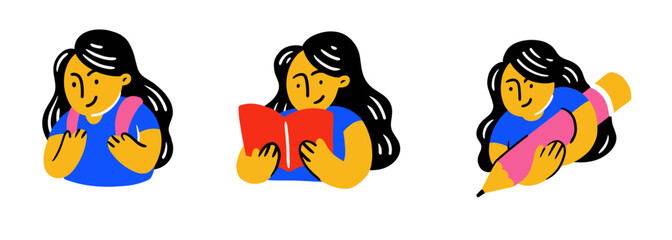 Set of cute Girls in trendy illustration and color for back to school theme design