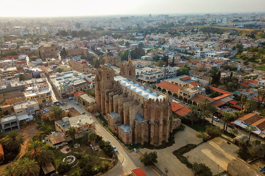 Famagusta, Lala Mustafa Pasha Mosque and its surroundings, bird's eye view, Aerial shot. drone shooting