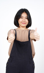 Showing Thumbs Up Sign of Beautiful Asian Woman Isolated On White Background