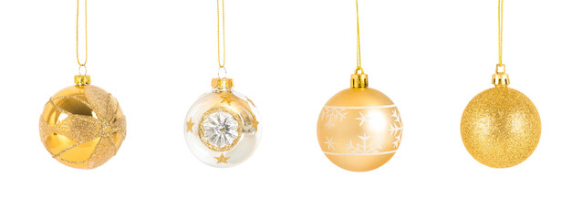 Set of four golden christmas baubles isolated