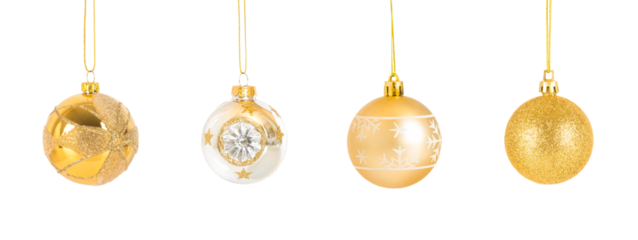 Set of four golden christmas baubles isolated