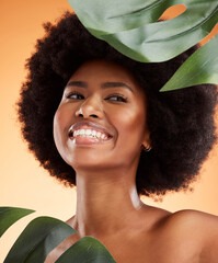 Beauty, skincare and black woman model with plants, skin health and natural hair glow smile. Happy,...