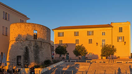 Fototapeta premium The town hall of L'Ile-Rousse in the morning, Corsica, France
