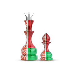 Chess Queen and pawn in the colors of the Belarus Flag. Isolated on white background. Sport. Politics. Design