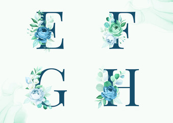 Watercolor floral alphabet set of E, F, G, H with flowers and leaves. Flowers composition for logo, cards, branding, etc