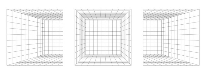 perspective drawing of three rooms with the same point of view. 3d grids with black lines. abstract composition