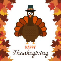 Thanksgiving Day greeting card design with leaves and pumpkin in flat style