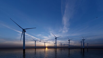 Fototapeta premium Wind turbine farm with rays of light at sunset. 3d rendering.