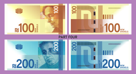 Israel play money vector set with portraits. Banknotes of 100 and 200 new shekels. Part four - obrazy, fototapety, plakaty