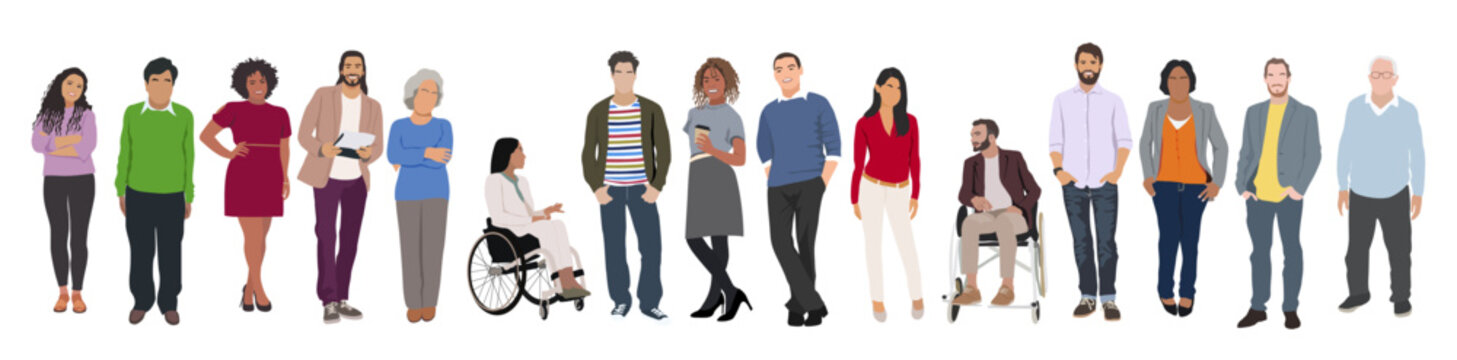 Multinational business team. Vector illustration of diverse cartoon men and women of various ethnicities, ages and body type in office outfits. Set of different business people. Isolated on white.v