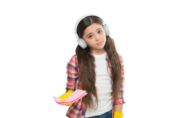 Girl headphones and gloves cleaning. Make household more joyful. Have fun. Cleaning worries away. Everything in its place. Anti allergen cleaning products. Cleaning supplies. Let music move you