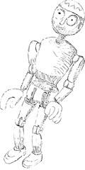 Zeichnung einer alten, geschnitzten Holzpuppe für ein Puppentheater, mit beweglichen Gliedern - als Hintergrund oder Überlagerung - Strichzeichnung, handgezeichneter Junge mit aufgemalter Mütze