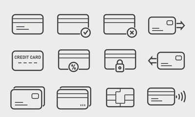 Set of credit cards line icons. Chip, Register, Safe Payment, Cash, Sync, Nfc chip for security. Vector illustration