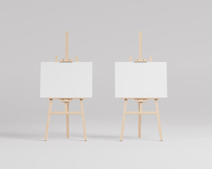 White canvas on a easel, a wooden easel mockup, 3d rendering, 3d illustration