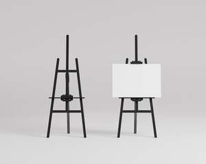 White canvas on a easel, a black easel mockup, 3d rendering, 3d illustration