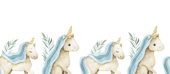 Watercolor seamless border with cute blue unicorns and foliage. Festive repeatable frame for holiday designs © Liubov