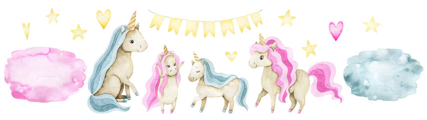 Watercolor set with cute pink and blue unicorns, garland, backgrounds and hearts. Festive animals and pretty elements for holiday designs © Liubov