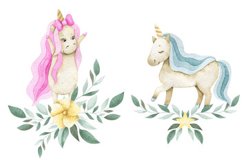 Watercolor arrangements with pink and blue baby unicorns with greenery. Festive animals for holiday designs