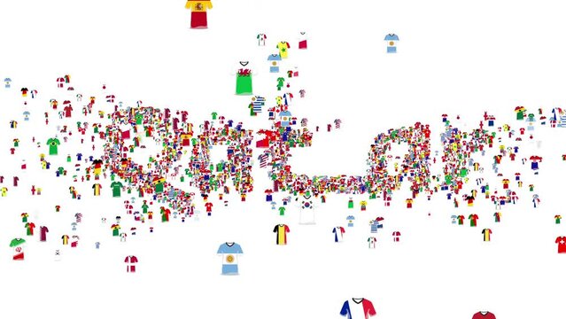 Qatar title revealed with symbolic country's flag jerseys. Flag jersey concept animation. The map reveals animation on white background. Graphics resource. 4k video.