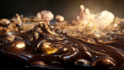 Chocolate splash and swirl close up in 3D style