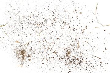 Dirt, soil dust, sand and dry grass isolated on white background, top view