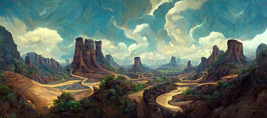 Fototapeta Grandiose canyon valley with tall brown sandstone cliffs, rock formations and sparse semi desert vegetation. Arid dry and hot landscape climate - surreal epic turbulent rain storm clouds. obraz