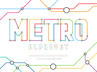 Colorful metro line styled alphabet design with uppercase, numbers and symbols