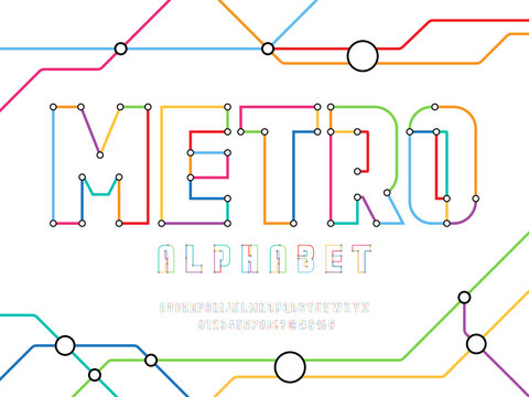 Colorful metro line styled alphabet design with uppercase, numbers and symbols