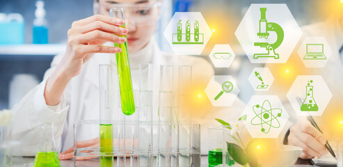 A banner of eco cosmetic, natural product and organic botany skin care beauty laboratory. Science experiment and research background with icon, sign and vector. Testing process of product. wide screen