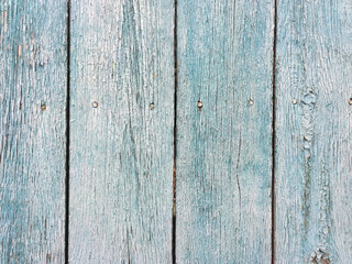 Turquoise bright colored old vintage wood with vertical boards. Grunge wooden background. Shabby chic Provence style. Green blue sea color