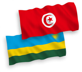 National vector fabric wave flags of Republic of Rwanda and Republic of Tunisia isolated on white background. 1 to 2 proportion.